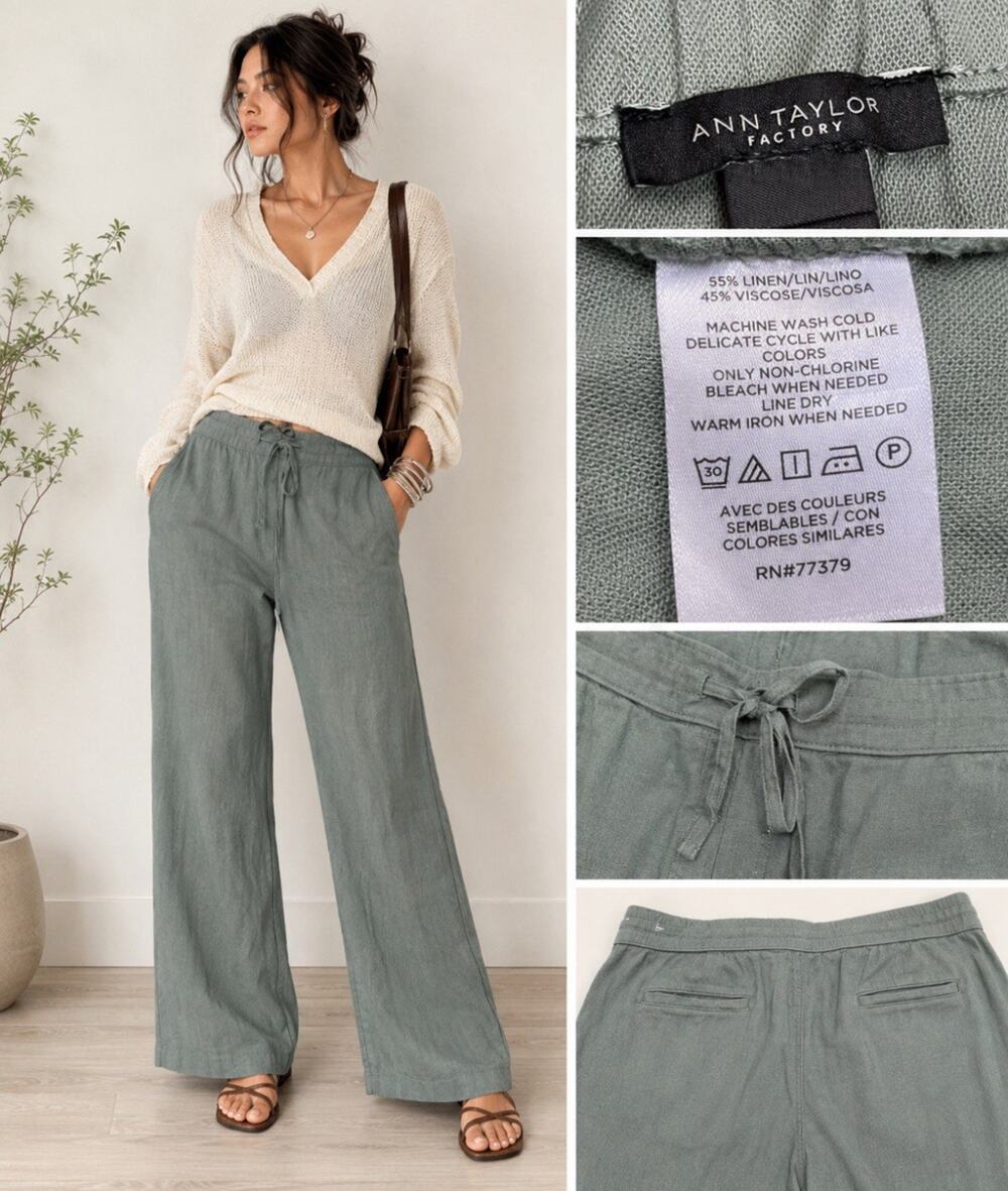 Ann Taylor Factory Women's Linen Blend Wide Leg Pants Sage Green Coastal